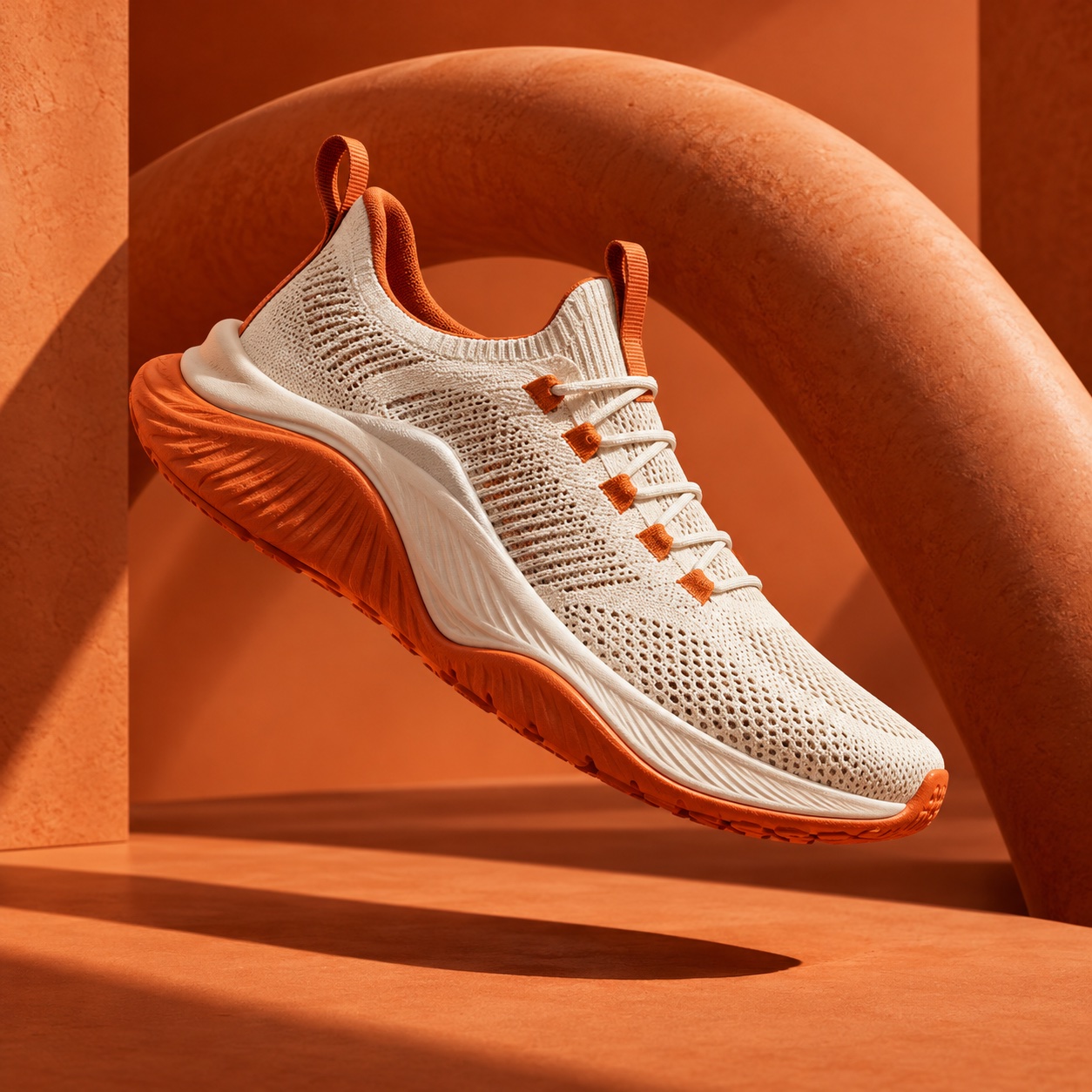 Illustrative sneaker campaign image with a sculptural backdrop