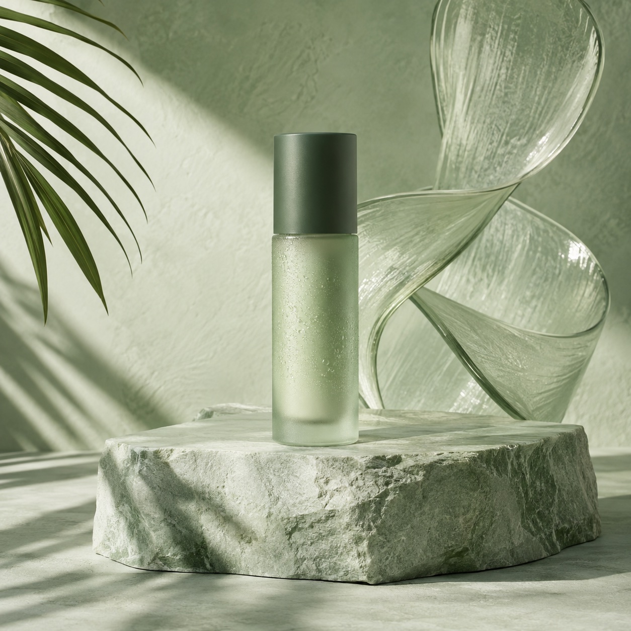 Illustrative skincare bottle arranged on a sculptural product set